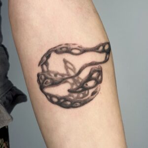 Organisches Black & Grey Fine Line Tattoo zweier ineinander verschlungener Schlangen in abstrakter Form, gestochen von Jona bei Balaklava Tattoo Münster. Organic black and grey fine line tattoo of two intertwined snakes in abstract form, tattooed by Jona at Balaklava Tattoo Münster.
